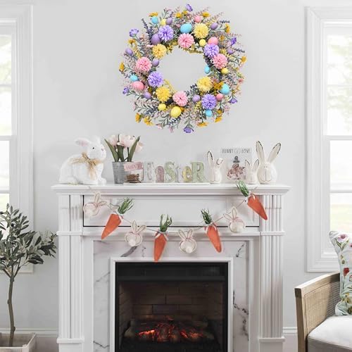 Artificial Easter Wreath 20 Inch Easter Wreaths for Front Door with Colorful Eggs Yellow Daisy Purple Lavender, alternate