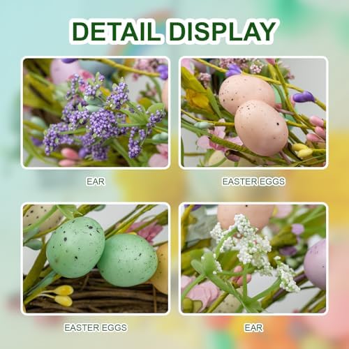 Artificial Easter Wreath 22 Inch Easter Wreaths for Front Door Colorful Egg Wreath with Flowers Green Leaves for, alternate