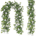 Artificial Eucalyptus Garland with Morning Glory Flowers, 2 Pack Faux Eucalyptus Leaves Greenery Garland Hanging