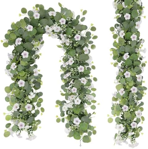 Artificial Eucalyptus Garland with Morning Glory Flowers, 2 Pack Faux Eucalyptus Leaves Greenery Garland Hanging