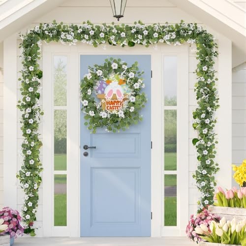 Artificial Eucalyptus Garland with Morning Glory Flowers, 2 Pack Faux Eucalyptus Leaves Greenery Garland Hanging, alternate