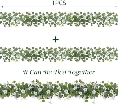 Artificial Eucalyptus Garland with Morning Glory Flowers, 2 Pack Faux Eucalyptus Leaves Greenery Garland Hanging, alternate