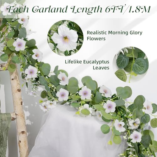 Artificial Eucalyptus Garland with Morning Glory Flowers, 2 Pack Faux Eucalyptus Leaves Greenery Garland Hanging, alternate