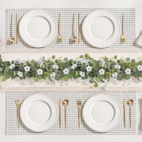 Artificial Eucalyptus Garland with Morning Glory Flowers, 2 Pack Faux Eucalyptus Leaves Greenery Garland Hanging, alternate