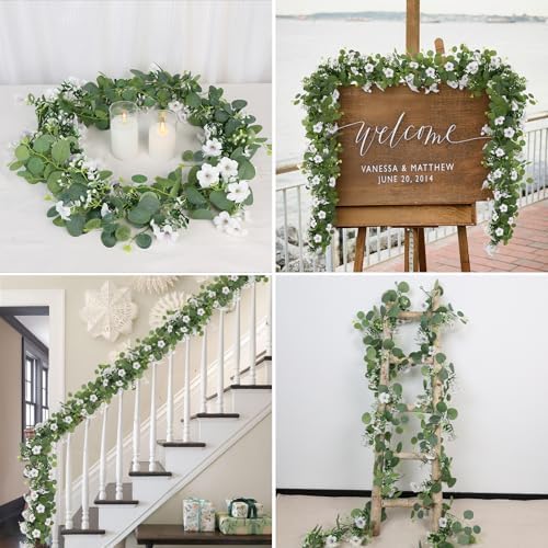 Artificial Eucalyptus Garland with Morning Glory Flowers, 2 Pack Faux Eucalyptus Leaves Greenery Garland Hanging, alternate
