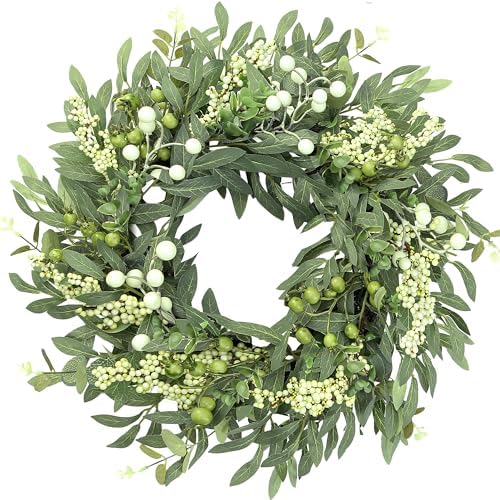 Artificial Eucalyptus Wreath for Front Door 21 Inch with Greenery Leaves Green White Berries Silk Dollar Leaves