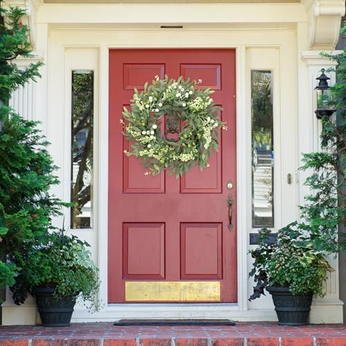 Artificial Eucalyptus Wreath for Front Door 21 Inch with Greenery Leaves Green White Berries Silk Dollar Leaves, alternate