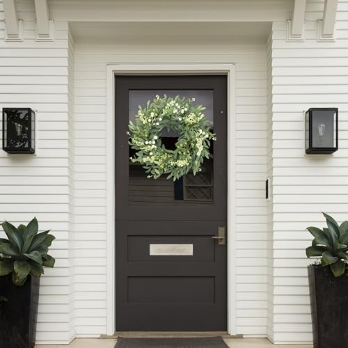 Artificial Eucalyptus Wreath for Front Door 21 Inch with Greenery Leaves Green White Berries Silk Dollar Leaves, alternate