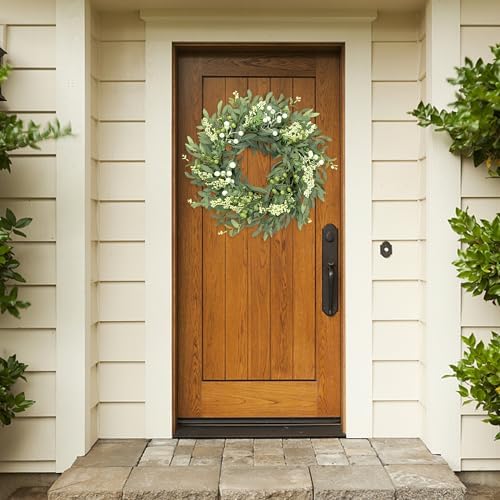 Artificial Eucalyptus Wreath for Front Door 21 Inch with Greenery Leaves Green White Berries Silk Dollar Leaves, alternate