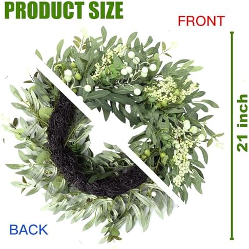 Artificial Eucalyptus Wreath for Front Door 21 Inch with Greenery Leaves Green White Berries Silk Dollar Leaves, alternate