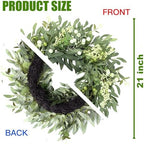 Artificial Eucalyptus Wreath for Front Door 21 Inch with Greenery Leaves Green White Berries Silk Dollar Leaves, alternate