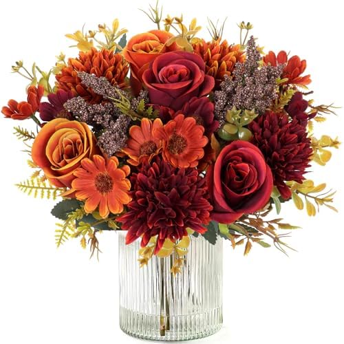 Artificial Fall Flowers 2 Packs Silk Roses Bouquet Fall Decor
