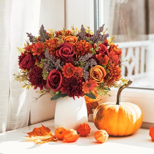 Artificial Fall Flowers 2 Packs Silk Roses Bouquet Fall Decor, alternate view 2