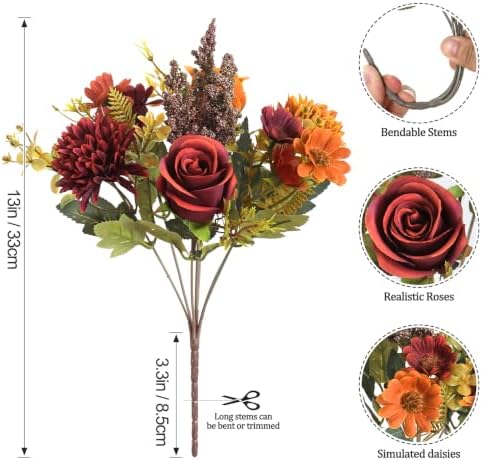 Artificial Fall Flowers 2 Packs Silk Roses Bouquet Fall Decor, alternate view 3