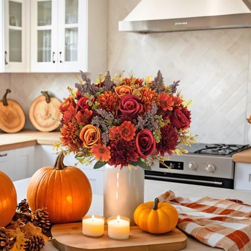Artificial Fall Flowers 2 Packs Silk Roses Bouquet Fall Decor, alternate view 4