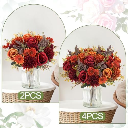 Artificial Fall Flowers 2 Packs Silk Roses Bouquet Fall Decor, alternate view 6