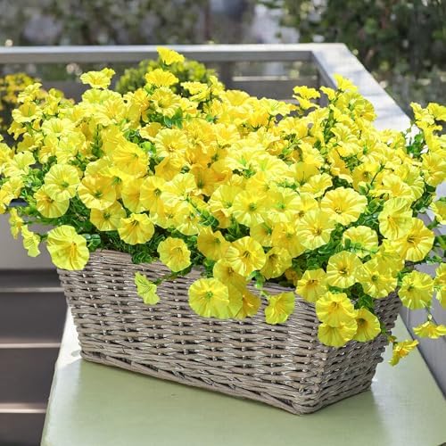 Artificial Fall Flowers Fake Plants for Outdoors, 12 Bundles Yellow Silk Morning Glory with Eucalyptus Realistic, alternate
