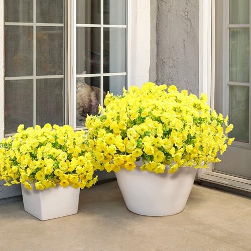 Artificial Fall Flowers Fake Plants for Outdoors, 12 Bundles Yellow Silk Morning Glory with Eucalyptus Realistic, alternate