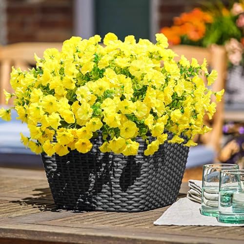 Artificial Fall Flowers Fake Plants for Outdoors, 12 Bundles Yellow Silk Morning Glory with Eucalyptus Realistic, alternate