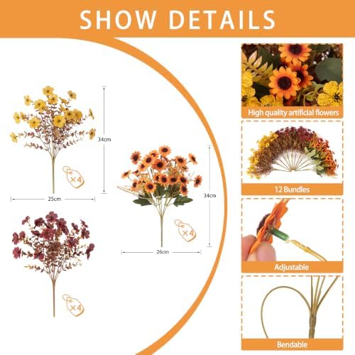 Artificial Fall Flowers for Outdoor Porch Decoration,12pcs Fake Mums, alternate view 2