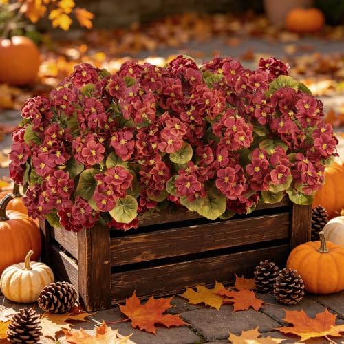 Artificial Fall Flowers for Outdoors, 6PCS Silk Geraniums, DarkRed in Dark Red