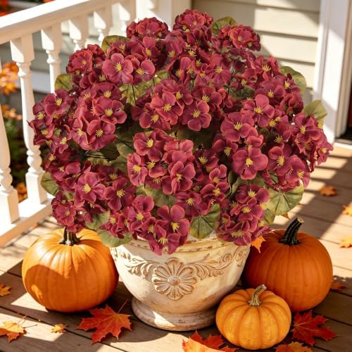 Artificial Fall Flowers for Outdoors, 6PCS Silk Geraniums, DarkRed in Dark Red, alternate view 5