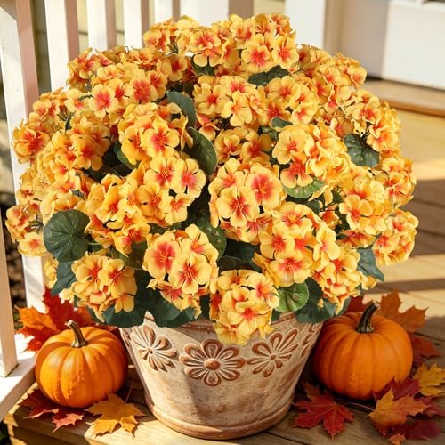 Artificial Fall Flowers for Outdoors, 6PCS Silk Geraniums, Yellow in Yellow