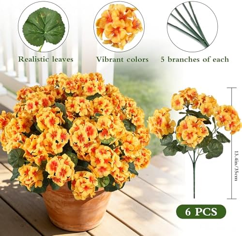 Artificial Fall Flowers for Outdoors, 6PCS Silk Geraniums, Yellow in Yellow, alternate view 6