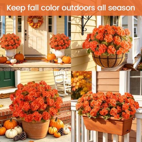 Artificial Fall Flowers for Outdoors, 6PCS Silk Orange Geraniums in Orange, alternate view 2