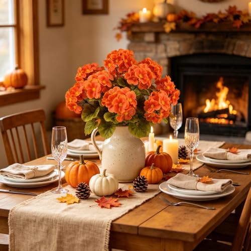 Artificial Fall Flowers for Outdoors, 6PCS Silk Orange Geraniums in Orange, alternate view 5