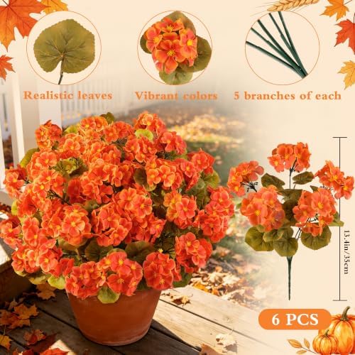 Artificial Fall Flowers for Outdoors, 6PCS Silk Orange Geraniums in Orange, alternate view 7