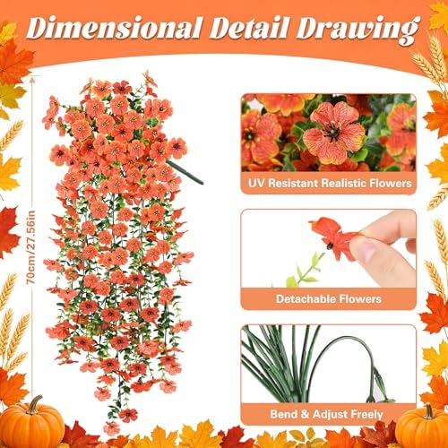 Artificial Fall Flowers for Outdoors, Fake Silk Mums, Orange, 2PCS, alternate view 2