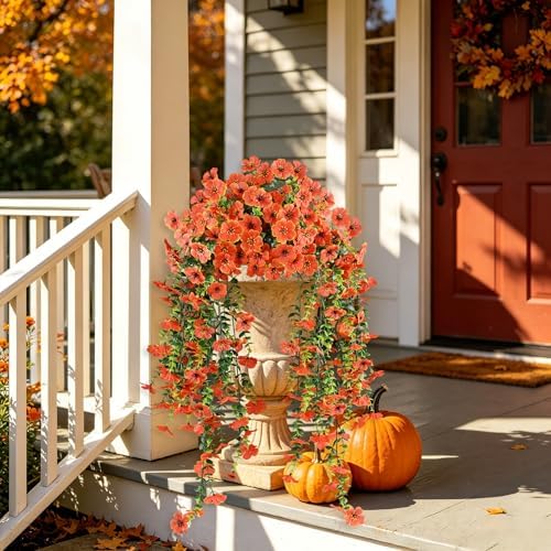 Artificial Fall Flowers for Outdoors, Fake Silk Mums, Orange, 2PCS, alternate view 3