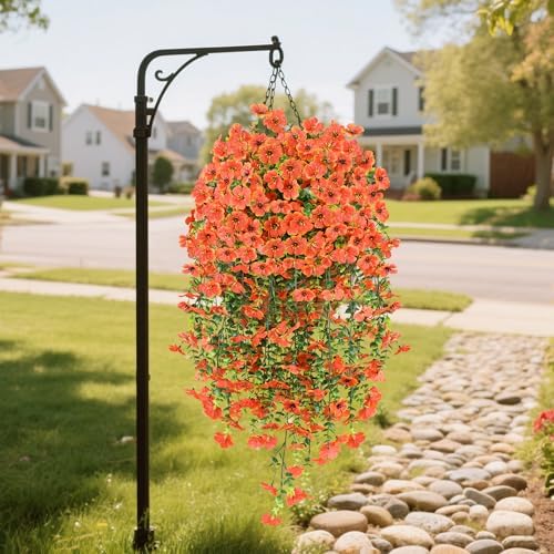 Artificial Fall Flowers for Outdoors, Fake Silk Mums, Orange, 2PCS, alternate view 5
