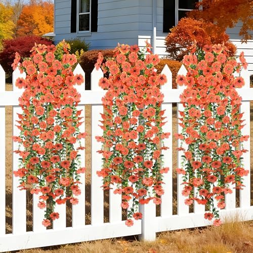Artificial Fall Flowers for Outdoors, Fake Silk Mums, Orange, 2PCS, alternate view 6