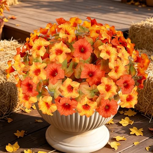 Artificial Fall Flowers for Outdoors, Faux Petunias Autumn Decoration, Fake Flowers Plants UV Resistant Look