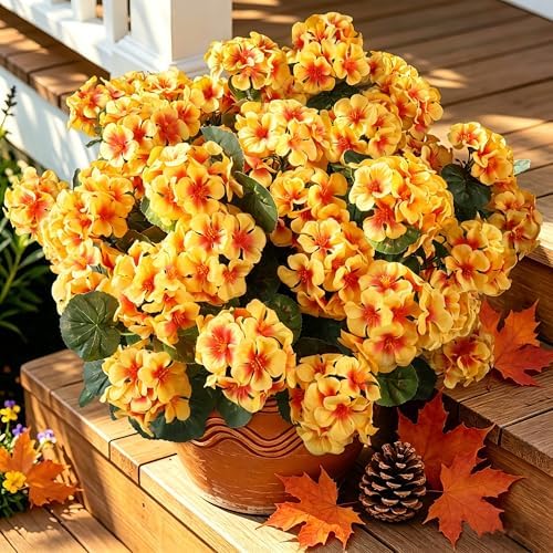 Artificial Fall Flowers Geraniums for Outdoors Front Porch Decor in Yellow
