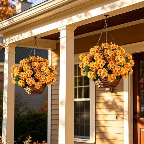 Artificial Fall Flowers Geraniums for Outdoors Front Porch Decor in Yellow, alternate view 6