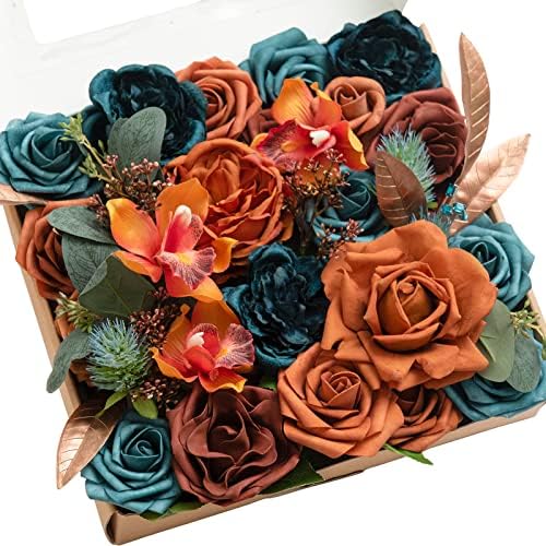 Artificial Fall Flowers Wedding Rustic Teal Grand Combo in Or-teal & Burnt Orange