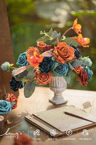 Artificial Fall Flowers Wedding Rustic Teal Grand Combo in Or-teal & Burnt Orange, alternate view 2