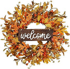 Artificial Fall Wreath - 18'' Autumn Front Door Wreath with Fall Leaves, Small Pumpkins, Cluster of Berries for
