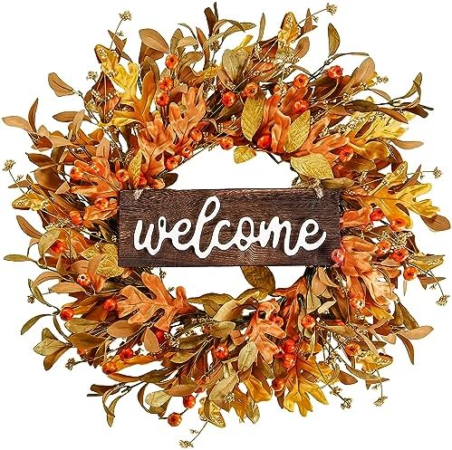 Artificial Fall Wreath - 18'' Autumn Front Door Wreath with Fall Leaves, Small Pumpkins, Cluster of Berries for