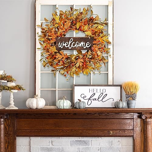 Artificial Fall Wreath - 18'' Autumn Front Door Wreath with Fall Leaves, Small Pumpkins, Cluster of Berries for, alternate