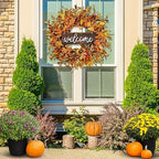 Artificial Fall Wreath - 18'' Autumn Front Door Wreath with Fall Leaves, Small Pumpkins, Cluster of Berries for, alternate