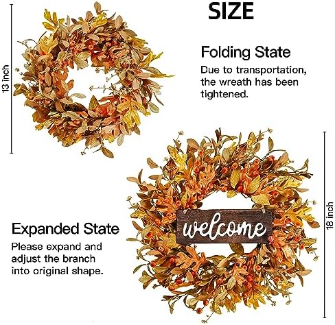Artificial Fall Wreath - 18'' Autumn Front Door Wreath with Fall Leaves, Small Pumpkins, Cluster of Berries for, alternate