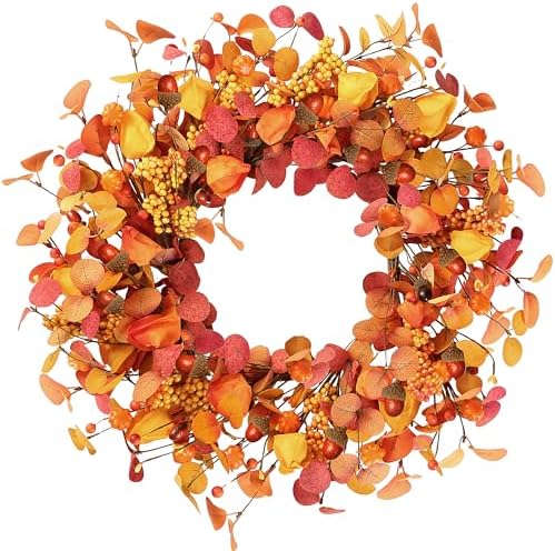 Artificial Fall Wreath 20’’ Autumn Front Door Wreath with Eucalyptus Leaves Berries Small Pumpkins Lantern Fruit