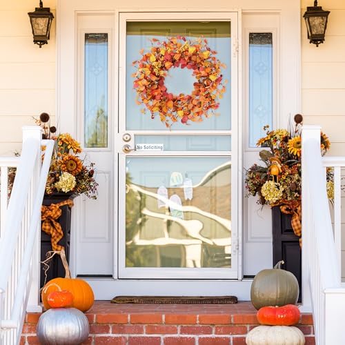 Artificial Fall Wreath 20’’ Autumn Front Door Wreath with Eucalyptus Leaves Berries Small Pumpkins Lantern Fruit, alternate