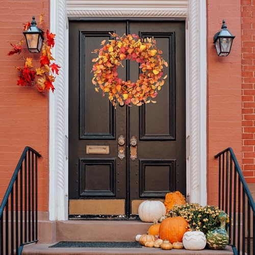 Artificial Fall Wreath 20’’ Autumn Front Door Wreath with Eucalyptus Leaves Berries Small Pumpkins Lantern Fruit, alternate