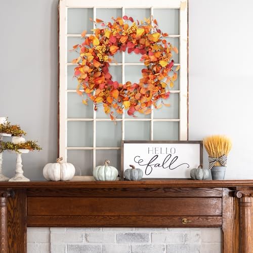Artificial Fall Wreath 20’’ Autumn Front Door Wreath with Eucalyptus Leaves Berries Small Pumpkins Lantern Fruit, alternate