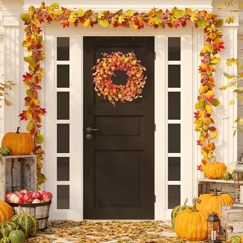 Artificial Fall Wreath 20’’ Autumn Front Door Wreath with Eucalyptus Leaves Berries Small Pumpkins Lantern Fruit, alternate